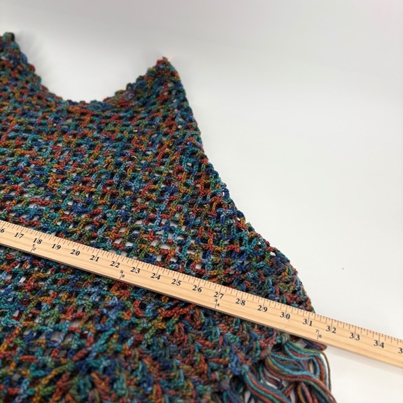 Womens Crochet Poncho Sweater Multi Color Fringe Boho Casual  Handmade OSFM - Picture 6 of 7